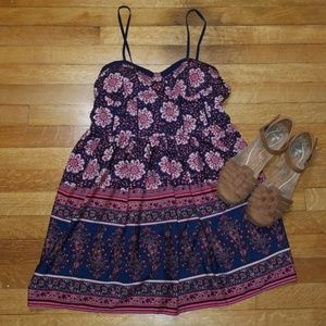Navy and Coral Boho Paisley Fit and Flare Dress